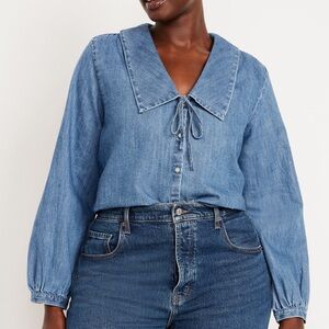 Blue Denim Blouse with Tie Collar
